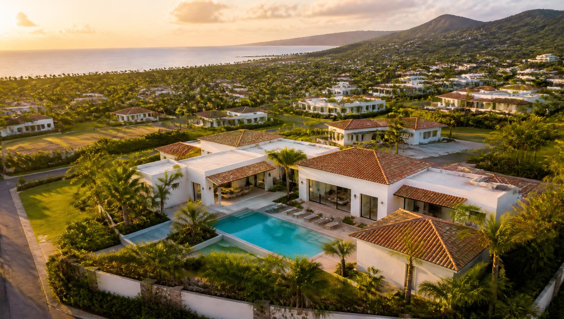 Vista aérea de un vecindario residencial en República Dominicana al atardecer
